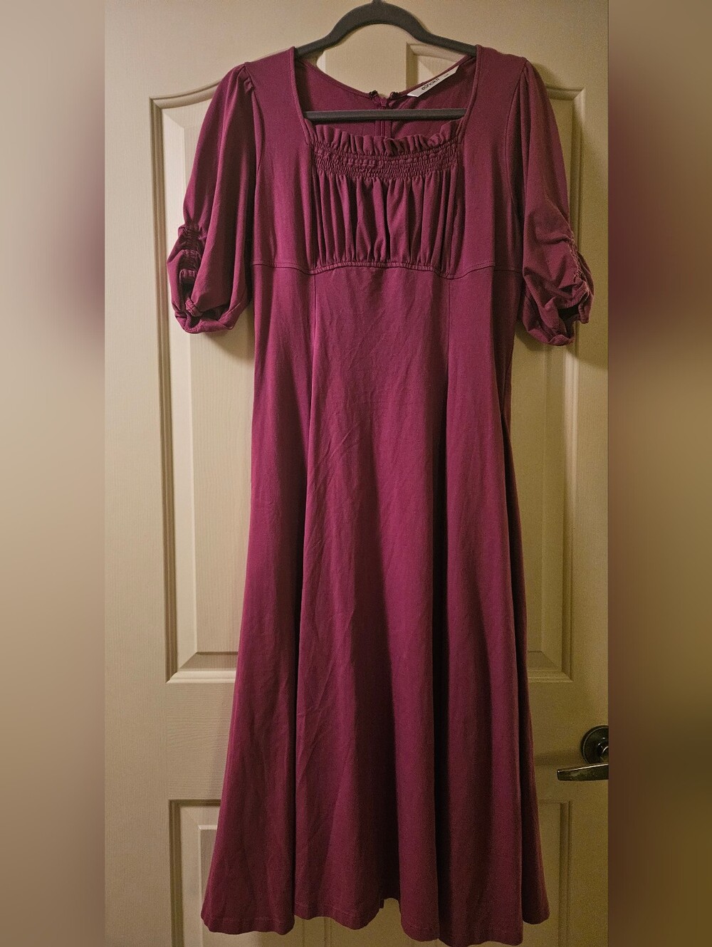 eshakti Plum Square-Neck Midi Dress with Puff Sleeves
